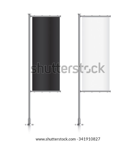 Flag mockup. Banner flag templates. Set of vector advertising flags. Black and white blank vertical flags. Realistic vector illustration.