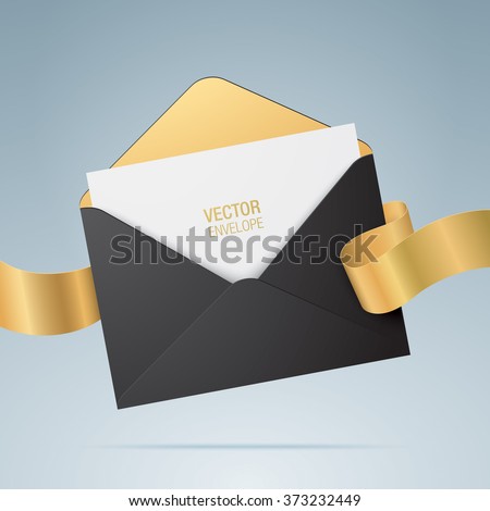 Vector envelope. Opened black envelope with invitation card and golden ribbon. Marriage invitation card design. Realistic envelope mockup.