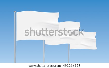 Perspective row of white flags. Waving flag vector templates. Advertising flags realistic mockup.