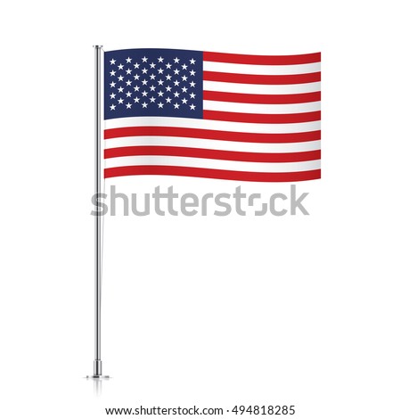 United states of America vector flag template. Waving USA flag on a metallic pole, isolated on a white background.