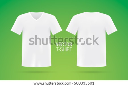 White vector v-neck t-shirt template. Men's short sleeve t-shirt realistic mockup, isolated on green background. Front & rear sides.