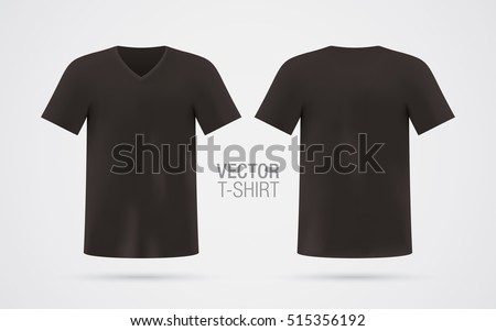 Black vector v-neck t-shirt template. Men's dark short sleeve t-shirt realistic mockup, isolated on white background. Front & rear sides.