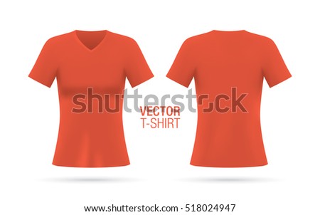 Women’s V-neck T-shirt vector template. Short sleeve red T-shirt realistic mockup, isolated on a white background. Front & rear sides.