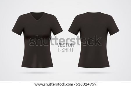 Women's V-neck T-shirt vector template. Short sleeve black T-shirt realistic mockup, isolated on a white background. Front & rear sides.