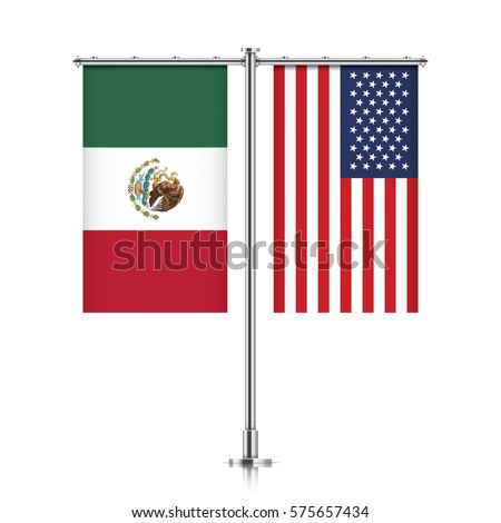 Mexico and United States vector banner flags, hanging side by side on a silver metallic poles. Mexico and USA friendship concept.