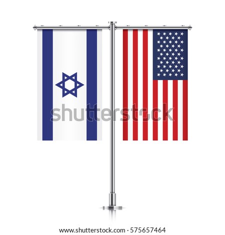 Israel and United States vector banner flags, hanging side by side on a silver metallic poles. Israeli and USA friendship concept.