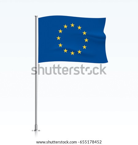 European Union vector flag template. Waving EU flag on a metallic pole, isolated on a white background.