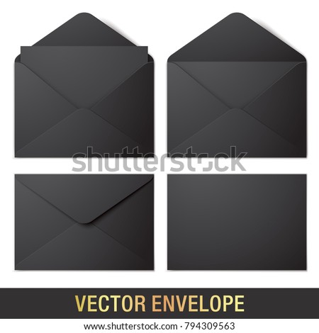 Set of black vector envelopes in different views, isolated on a white background. Realistic vector envelope mockups.