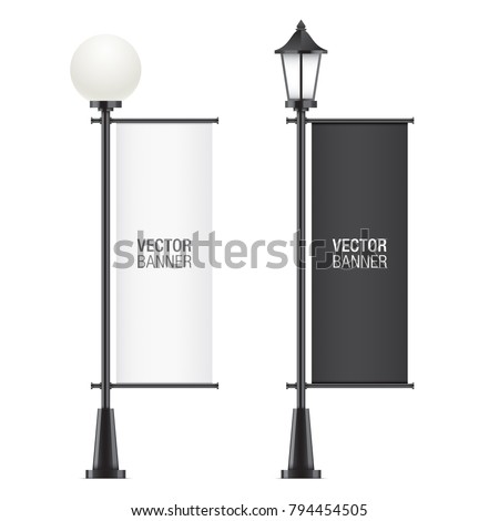 Set of vector lamposts, with black and white advertising flags, isolated on a white backgorund. Vertical promotional flag realistic mockups.