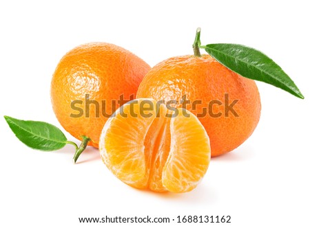 Tangerines or clementines with green leaf on white background