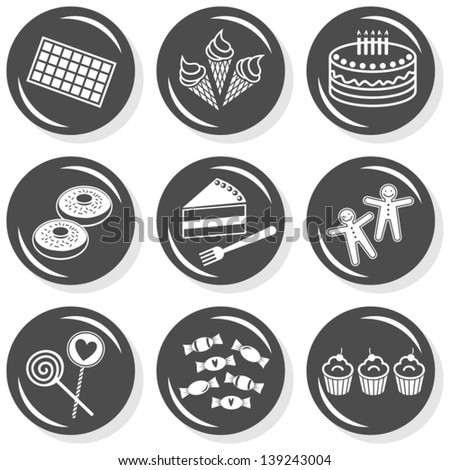 food dessert sweets chocolate ice cream cake donuts gingerbread lollipops cupcakes flat gray monochrome button set with shadow on white background