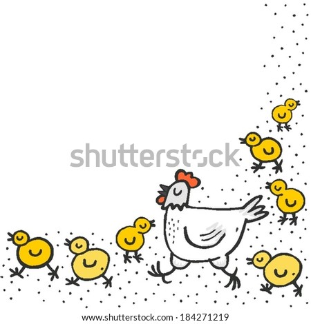 little yellow chickens with mum white hen spring holiday Easter illustration on white dotted background with blank place for your text