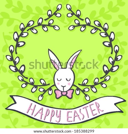 white elegant bunny in willow wreath spring holiday Easter centerpiece illustration with flag banner with wishes in English on light green patterned background
