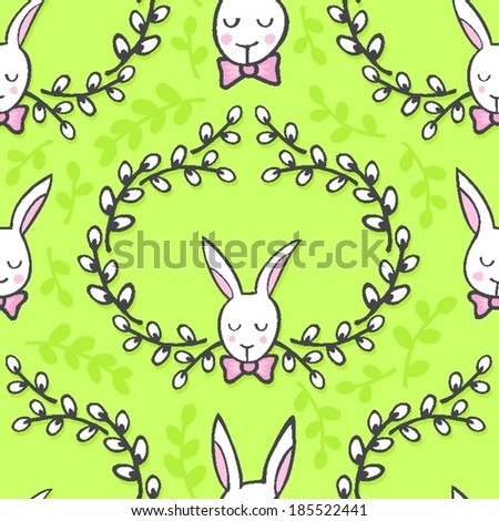 white elegant bunny in willow wreath animal spring holiday Easter seamless pattern on light green background