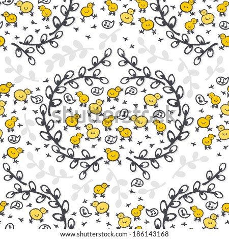 yellow little chickens in willow wreath spring holiday Easter  illustration on white background seasonal animal seamless pattern