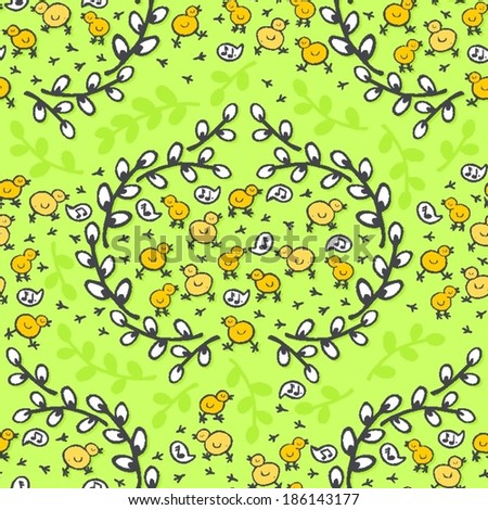 yellow little chickens in willow wreath spring holiday Easter illustration on green background seasonal animal seamless pattern