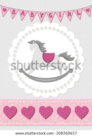 toy animal rocking horse on white doily with flag banner and seamless ribbon pink baby girl room decorative illustration