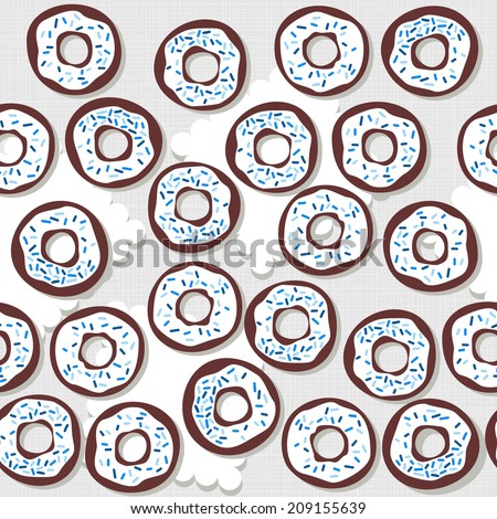 Sweet donuts with icing and blue sugar sprinkles messy food dessert seamless pattern on light background