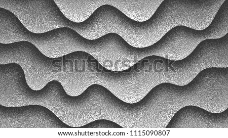 3D Abstract Vector Smooth Liquid Curved Lines Retro Style Dotwork Background. Hand Made Dotted Stippling Engraving Texture