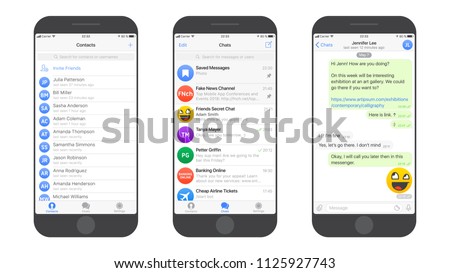 Messaging App Telegram Messenger UI and UX Concept Realistic Flat Vector Mockup in Minimalist Classic Theme on Smart Phone Screen. Social Network Design Template