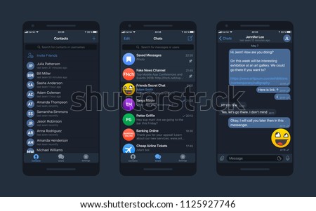 Messaging App Telegram Messenger UI and UX Concept Realistic Vector Flat Mockup in Minimalist Dark Blue Night Flat Theme on Smart Phone Screen. Social Network Design Template