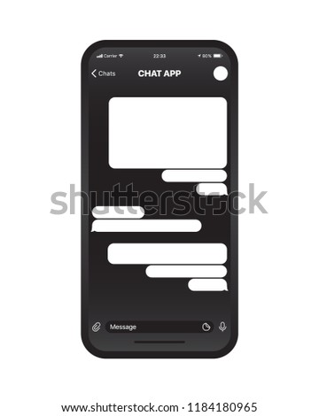 Mobile Chat App UI and UX Concept Vector Blank Mockup in Minimalist Black Theme on Smart Phone Screen Isolated on White Background. Social Network Design Template