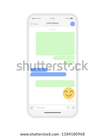 Mobile Chat App UI and UX Concept Vector Blank Mockup in Minimalist Classic Light Theme on Smart Phone Screen Isolated on White Background. Social Network Design Template