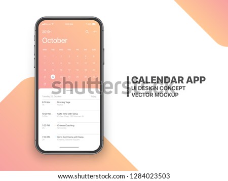 Calendar App Concept October 2019 Page with To Do List and Tasks UI UX Design Mockup Vector on Frameless Smartphone Screen Isolated on White Background. Planner Application Template for Mobile Phone