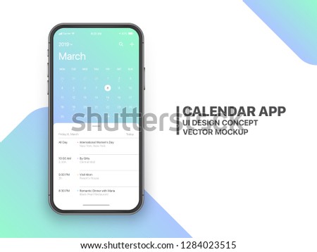 Calendar App Concept March 2019 Page with To Do List and Tasks UI UX Design Mockup Vector on Frameless Smartphone Screen Isolated on White Background. Planner Application Template for Mobile Phone