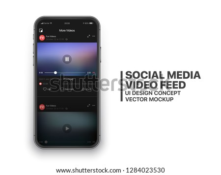 Social Media Video Feed Vector UI Concept for Social Network on Photo Realistic Frameless Smartphone Screen Isolated on White Background. Online TV Watching on Mobile Device
