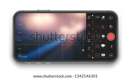 Professional Photo And Video Camera Premium Mobile App With Advanced Settings UI Concept Mock Up On Realistic Frameless Smartphone Screen Isolated on White Background. Mobile Photography