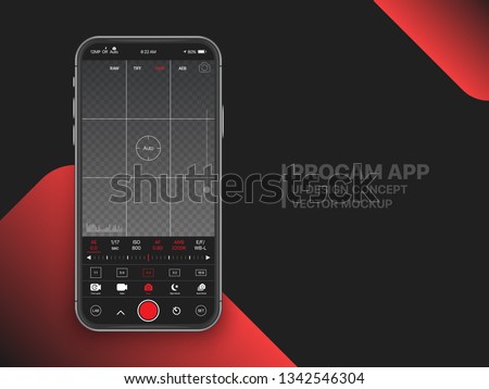 Premium Professional Photo And Video Camera Mobile App With Advanced Settings UI Concept Mock Up On Realistic Frameless Smartphone Screen Isolated on Black Background. Mobile Photography