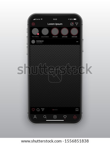 Photo Sharing Mobile App Instagram New Dark Mode UI and UX Alternative Trendy Concept Vector Mockup Frameless Smartphone Screen Iphone 11 Isolated on Light Background. Social Network Design Template