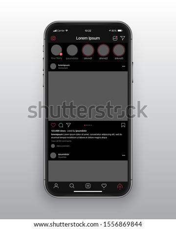 Photo Sharing Mobile App Instagram New Dark Mode UI and UX Alternative Trendy Concept Vector Mockup Frameless Smartphone Screen Iphone 11 Isolated on Light Background. Social Network Design Template