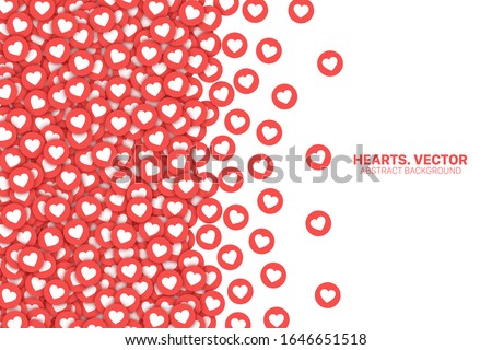 Vector Scattered Hearts Red Flat Icons Border Isolated On White Background. Lot Of Likes Conceptual Abstract Art Illustration. Love Design Template. Social Media Network Backdrop