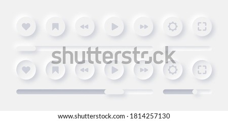 Online Video Media Player UI Neumorphism Light Version Vector Design Elements Set On White Background. UI Components Buttons, Bars, Sliders In Elegant Neumorphic Style For Apps, Websites, Interfaces