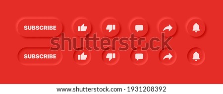 Neumorphic UI UX Design Elements 3D Vector Buttons Like Dislike Comment Share Notifications On Abstract Red Background. Active And Inactive YouTube Social Media Icons Neumorphism Design Red Version