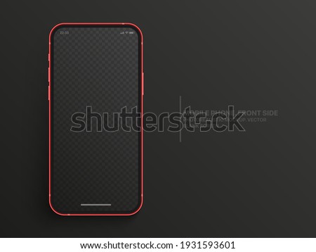 Photo Realistic Mobile Phone IPhone Vector Mockup With Blank Screen Isolated On Dark Gray Background. Photorealistic Smartphone IPhone 12 Template Concept For App UI UX Graphic Design Presentation