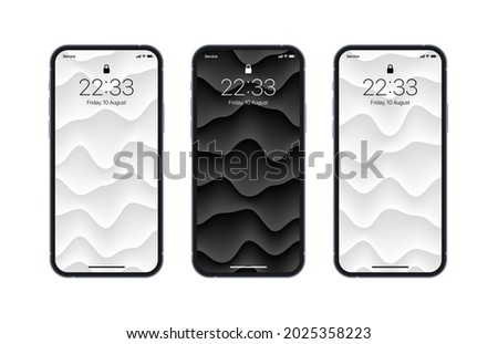 Different Variations Black And White 3D Layered Smooth Structure Wallpapers Set On Photorealistic Smartphone Screen Isolated On White Background. Set Of Vertical Abstract Backgrounds For Smartphone