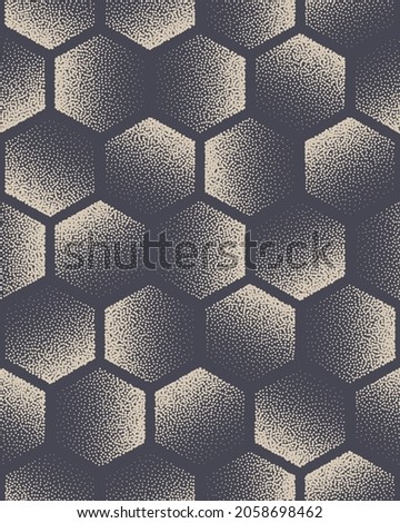 Hexagon Stippled Seamless Pattern Technology Vector Abstract Background. Hand Drawn Tileable Geometric Texture Dotted Grunge Repetitive Hexagonal Wallpaper. Halftone Retro Colors Art Illustration