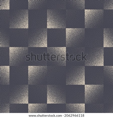 Stippled Squares Chequered Seamless Pattern Geometric Vector Abstract Background. Hand Drawn Tileable Aesthetic Texture Dotted Chess Cells Repetitive Wallpaper. Halftone Retro Colors Art Illustration