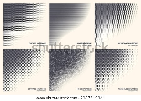 Different Variations Halftone Texture Set Vector Abstract Geometric Curved Border Isolated On Background. Various Half Tone Pattern Textures Collection Circles Lines Noise Squares Hexagons Triangles