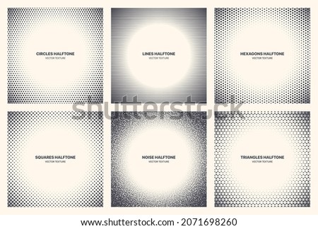 Different Variations Halftone Circle Frame Set Vector Abstract Geometric Patterns Isolated On White Background. Various Half Tone Texture Collection Circles Lines Noise Squares Hexagons Triangles