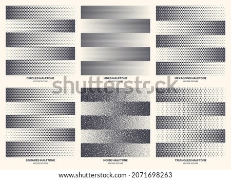 Different Variations Halftone Striped Patterns Set Vector Geometric Texture Isolated On White Background. Modern Various Half Tone Textures Collection Circles Lines Noise Squares Hexagons Triangles