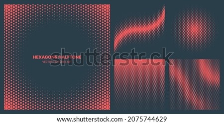 Assorted Various Red Halftone Hexagon Dot Textures Vector Different Geometric Patterns Set Isolated On Blue Background. Contrast Graphical Modernism Pattern Variety Texture Design Elements Collection