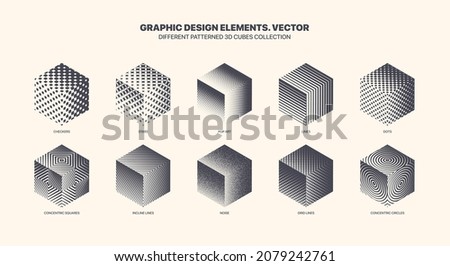 Assorted Various Patterned 3D Cube Vector With Different Geometric Textures Set Isolated On White Background. Modern Graphic Various Black White 3D Cubes Variety Pattern. Collection Of Design Elements