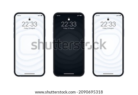 Different Variations Black And White 3D Layered Smooth Geometric Wallpaper Set On Photo Realistic Smart Phone Screen Isolated On White Background. Vertical Abstract Blurred Screensavers For Smartphone