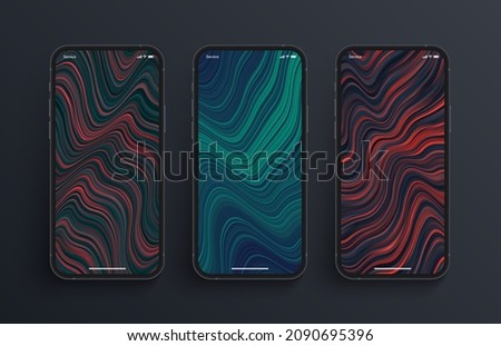 Different Variations Of Vivid Distorted Stripes Glitch Art Wallpapers Set On Photorealistic Smart Phone Screen Isolated On Dark Background. Vertical Abstract Screensavers Collection For Smartphone