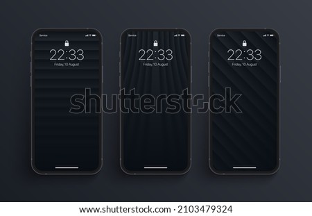Different Variations Minimalist Black 3D Smooth Lines Geometric Wallpaper Set On Photo Realistic Smart Phone Screen Isolated On Dark Background. Vertical Abstract Blurred Screensavers For Smartphone