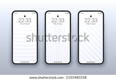 Different Variations Minimalist White 3D Smooth Lines Geometric Wallpaper Set On Photo Realistic Smart Phone Screen Isolated On Light Background. Vertical Abstract Blurred Screensavers For Smartphone